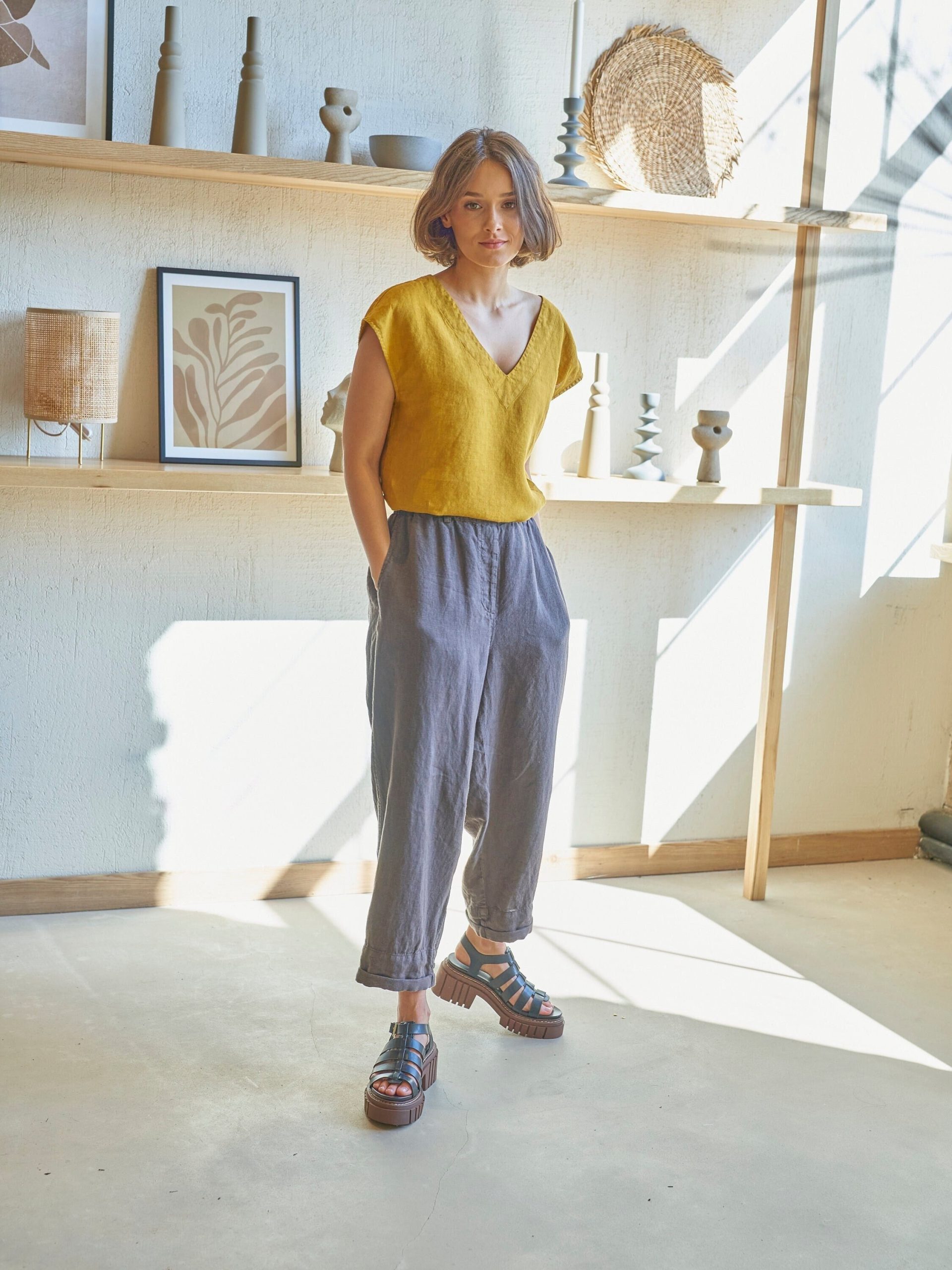 Pleated Brown Linen Trousers With Pockets, Elastic Waist Cropped Pants, Brown Ankle Pants Balance in Ash