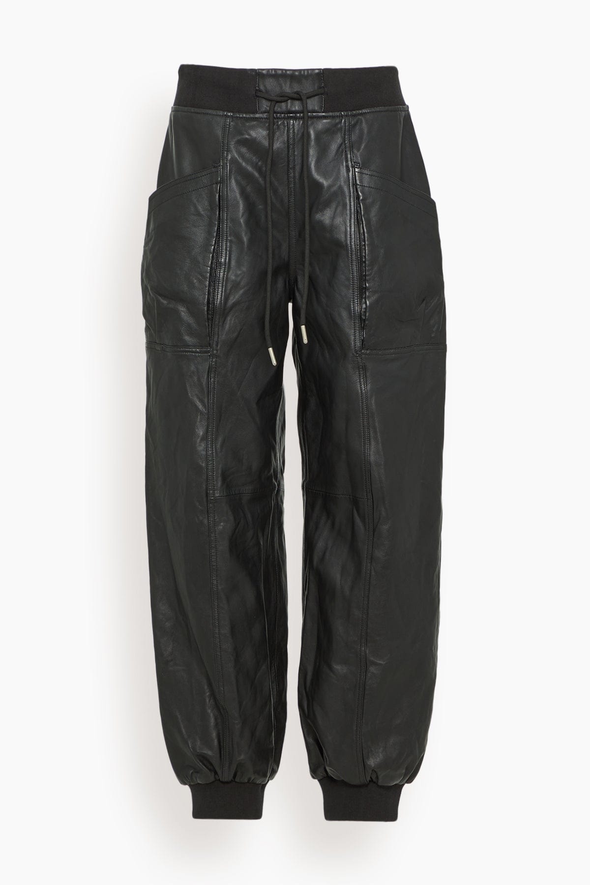 Pleated Pocket Straight Leg Leather Pant in Black