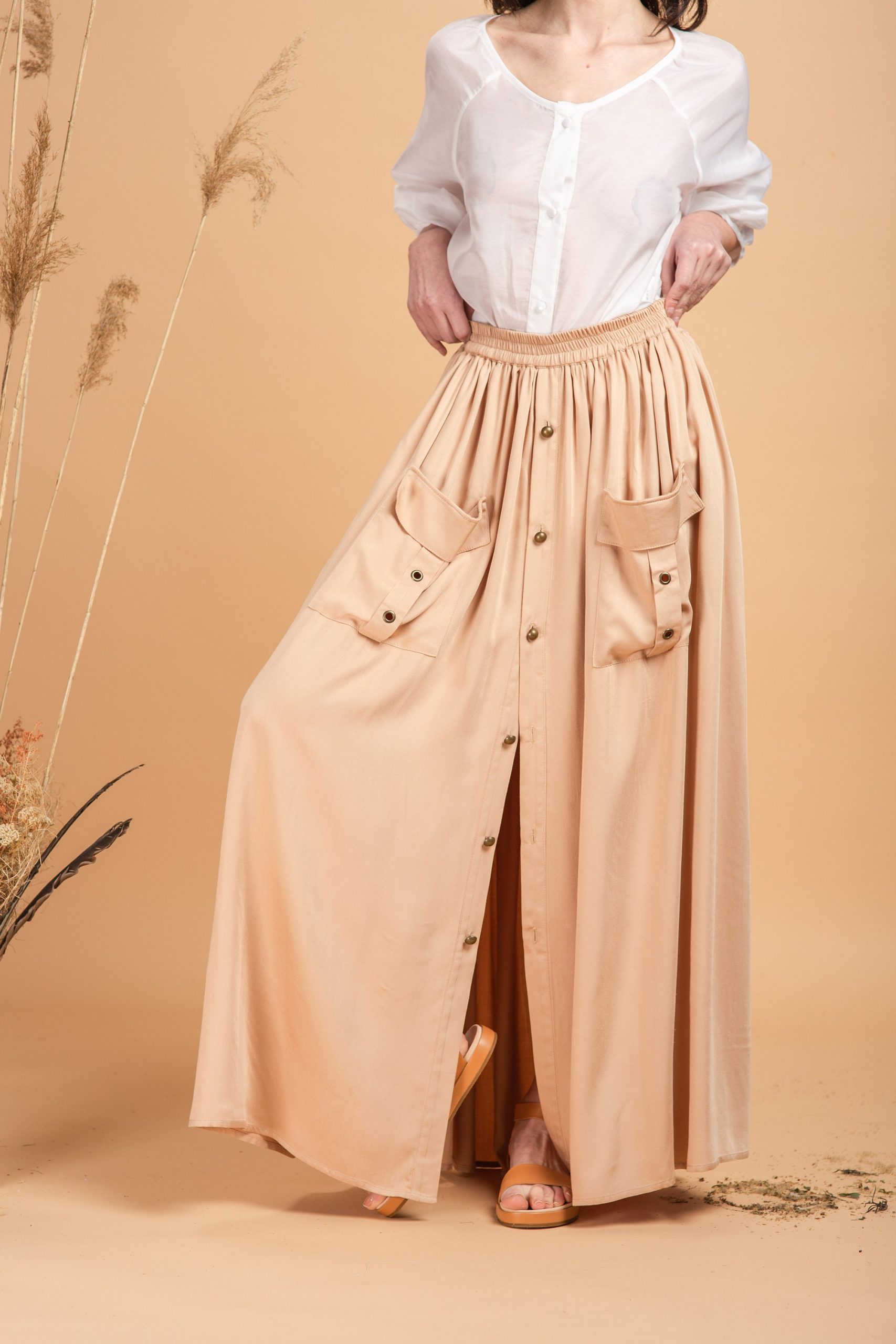 Pleated Skirt With 2 Patch Pockets 100% Tensel Viscose Maxi Circle Edwardian Aesthetic Clothing