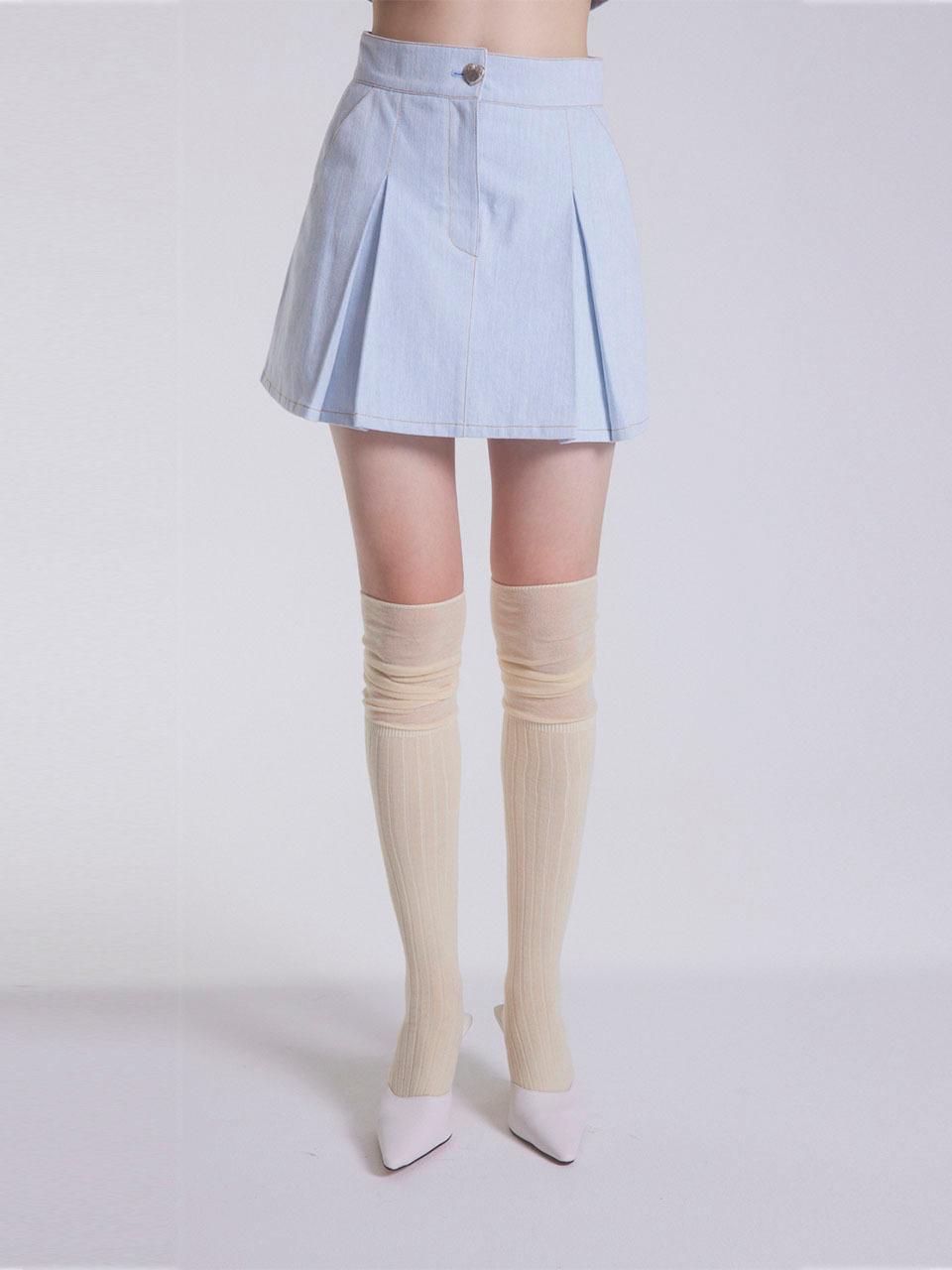 Pleated Wide Hybrid Denim Skirt [Light Blue]