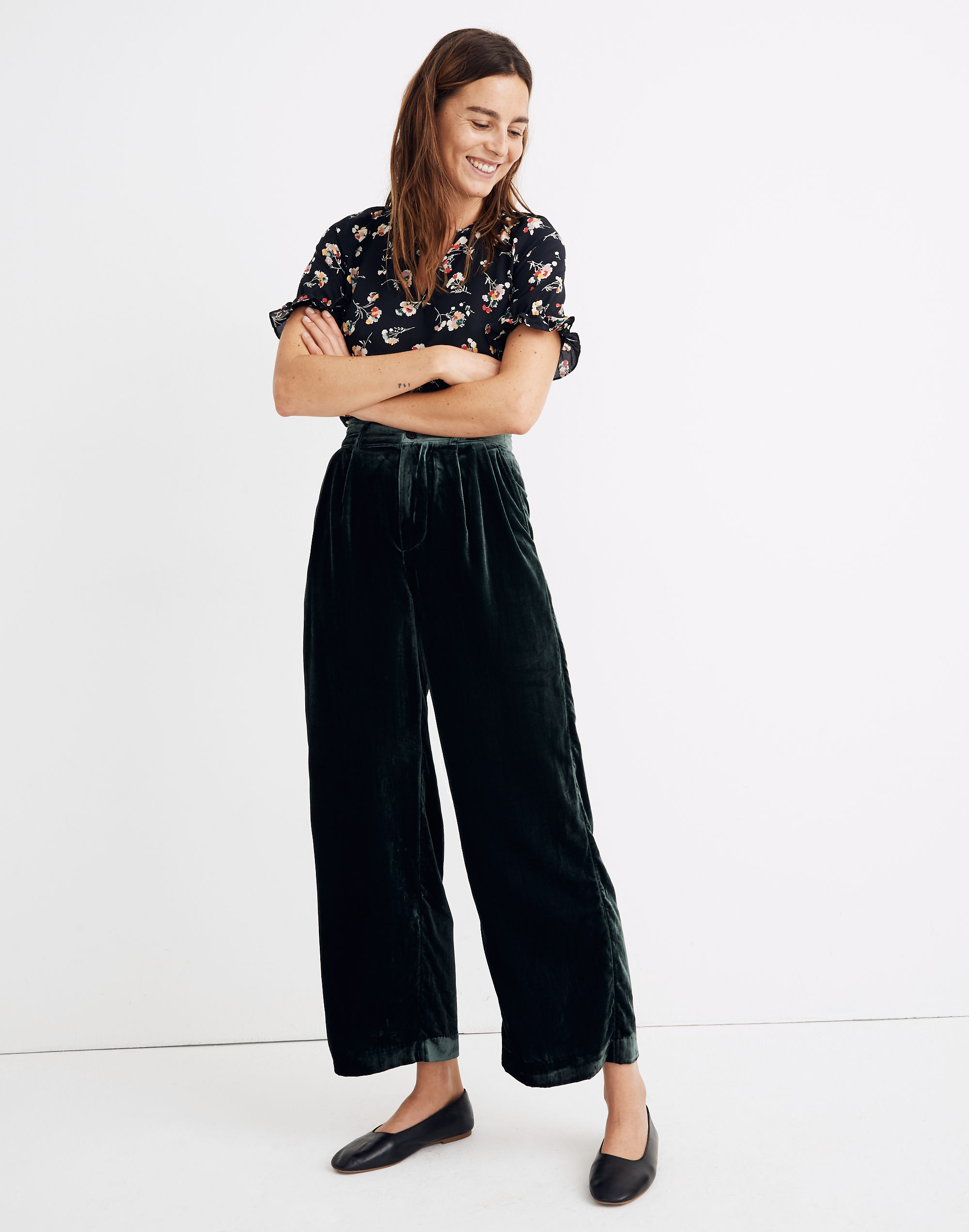 Pleated Wide-Leg Full-Length Pants in Velvet