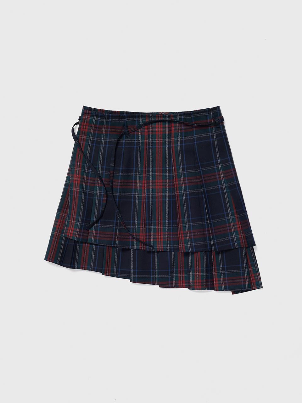 Pleated Wraparound Asymmetrical Skirt [Navy Check]