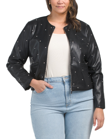 Plus Embellished Faux Leather Jacket for Women | Polyester/Leather