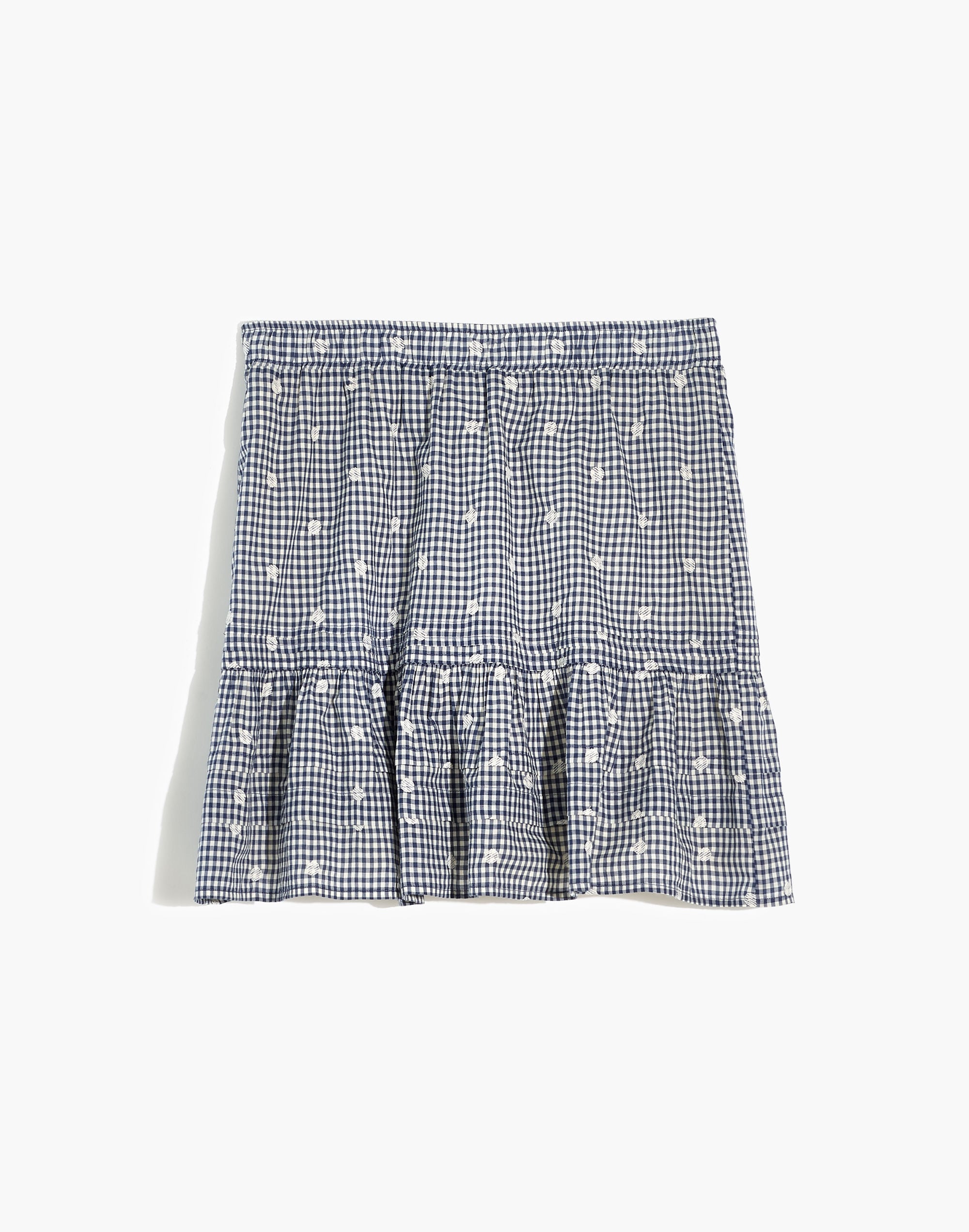 Plus Embroidered Tiered Pull-On Mini Skirt in Gingham Check