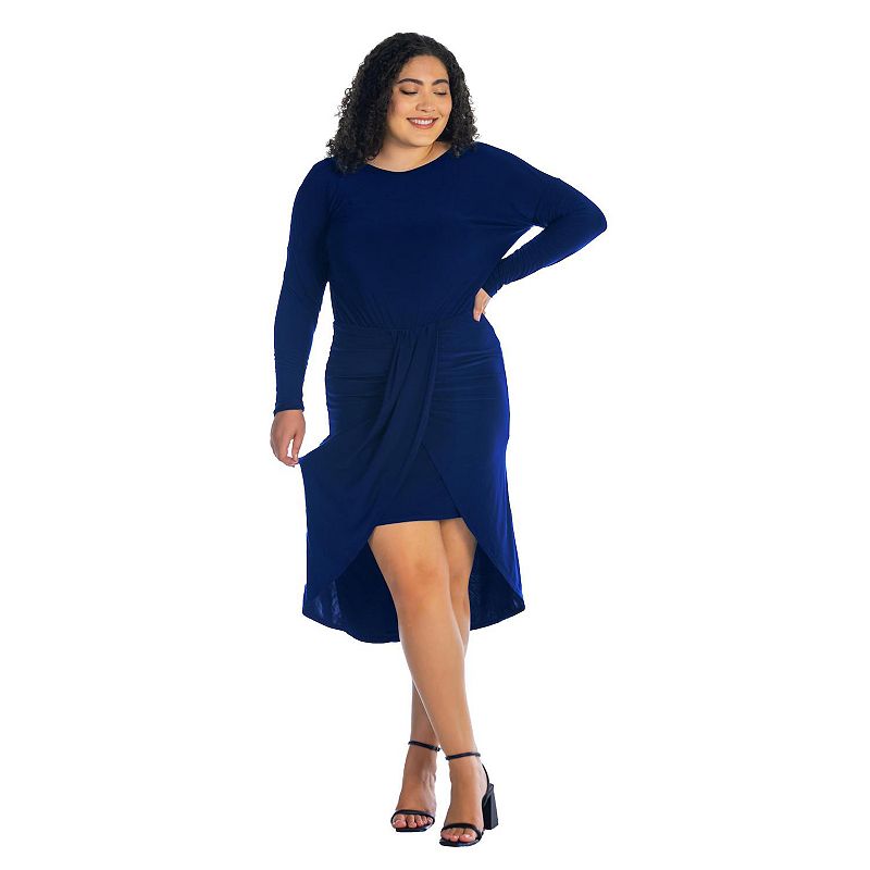 Plus Size 24Seven Comfort Apparel Long Sleeve Tulip Skirt Knee Length Dress, Women's, Size: 3XL, Blue