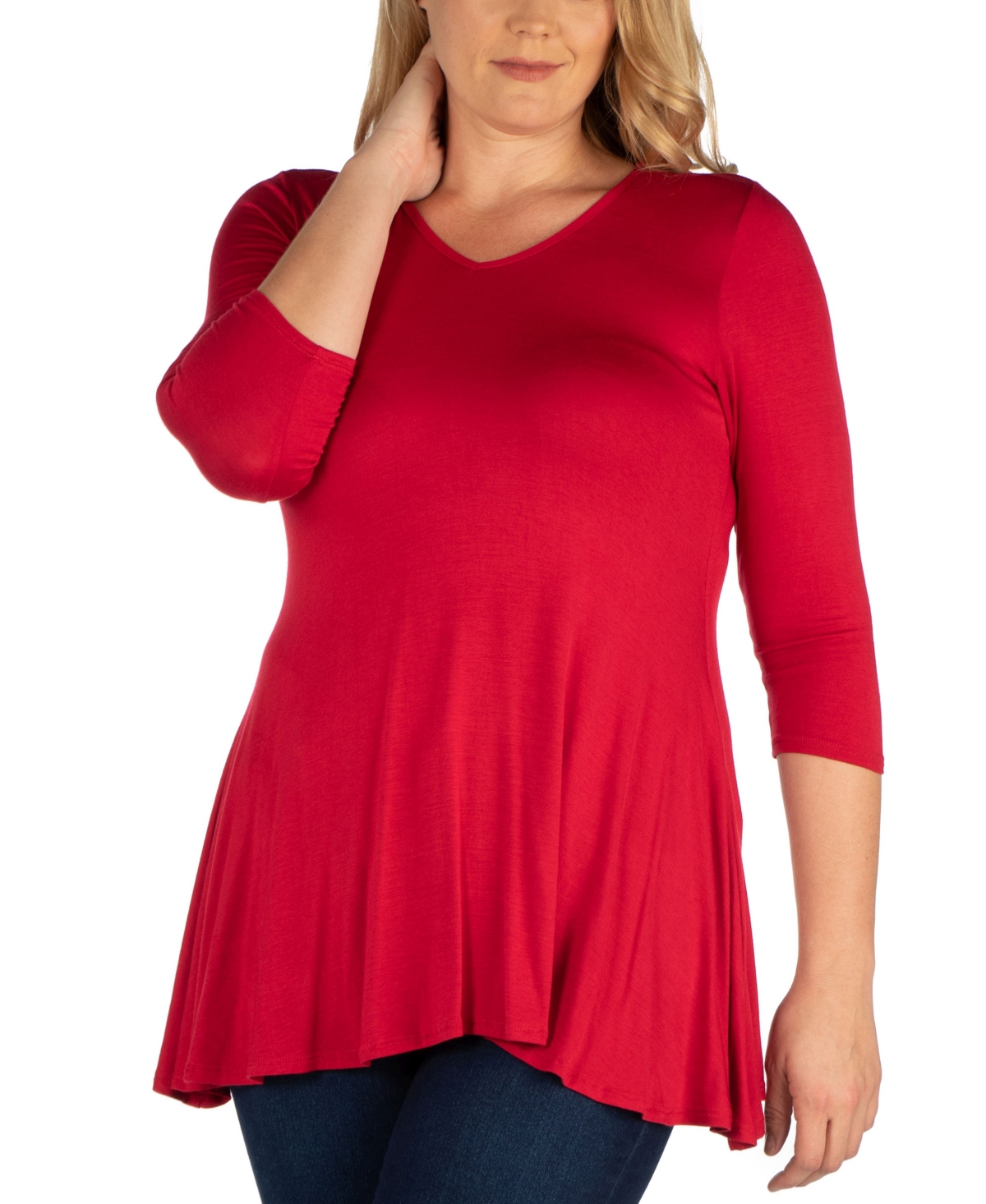 Plus Size 3/4 Sleeve V-Neck Tunic Top - Red