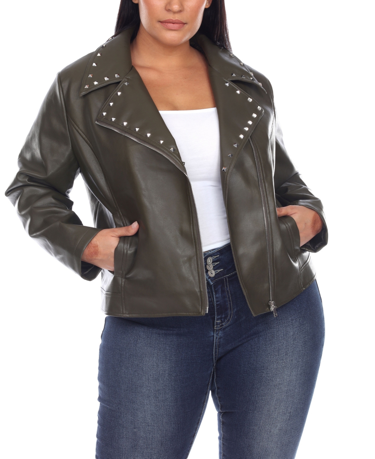 Plus Size Faux Leather Jacket - Olive