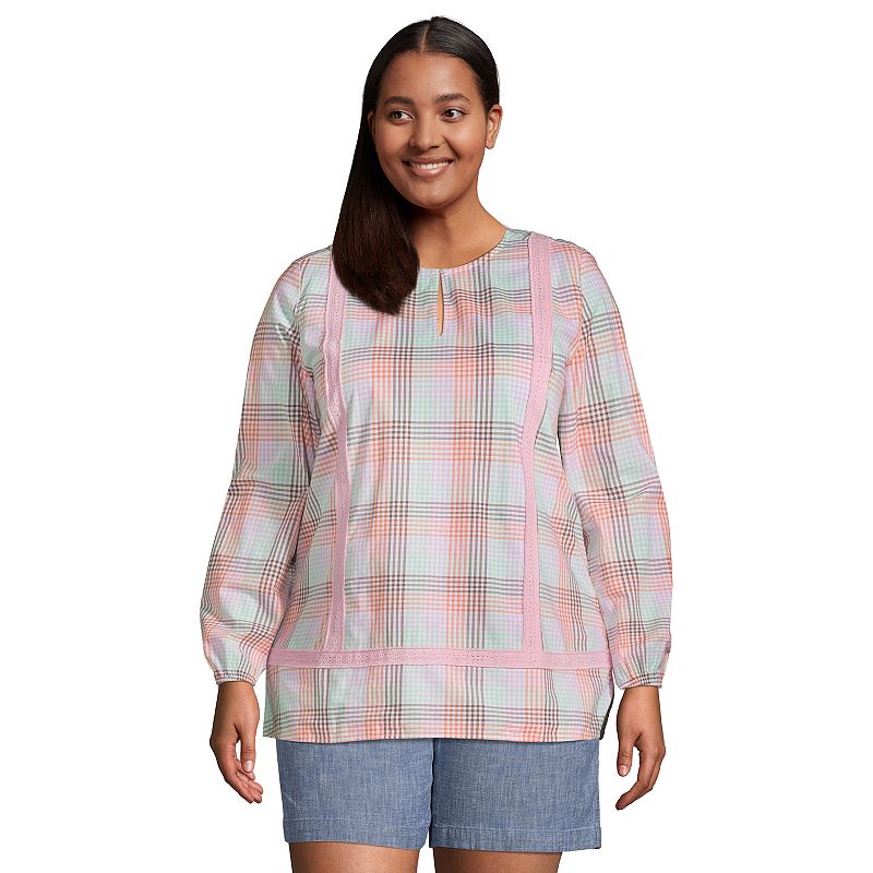 Plus Size Lands' End Poplin Splitneck Tunic Top, Women's, Size: 1XL, Wild Blossom Check