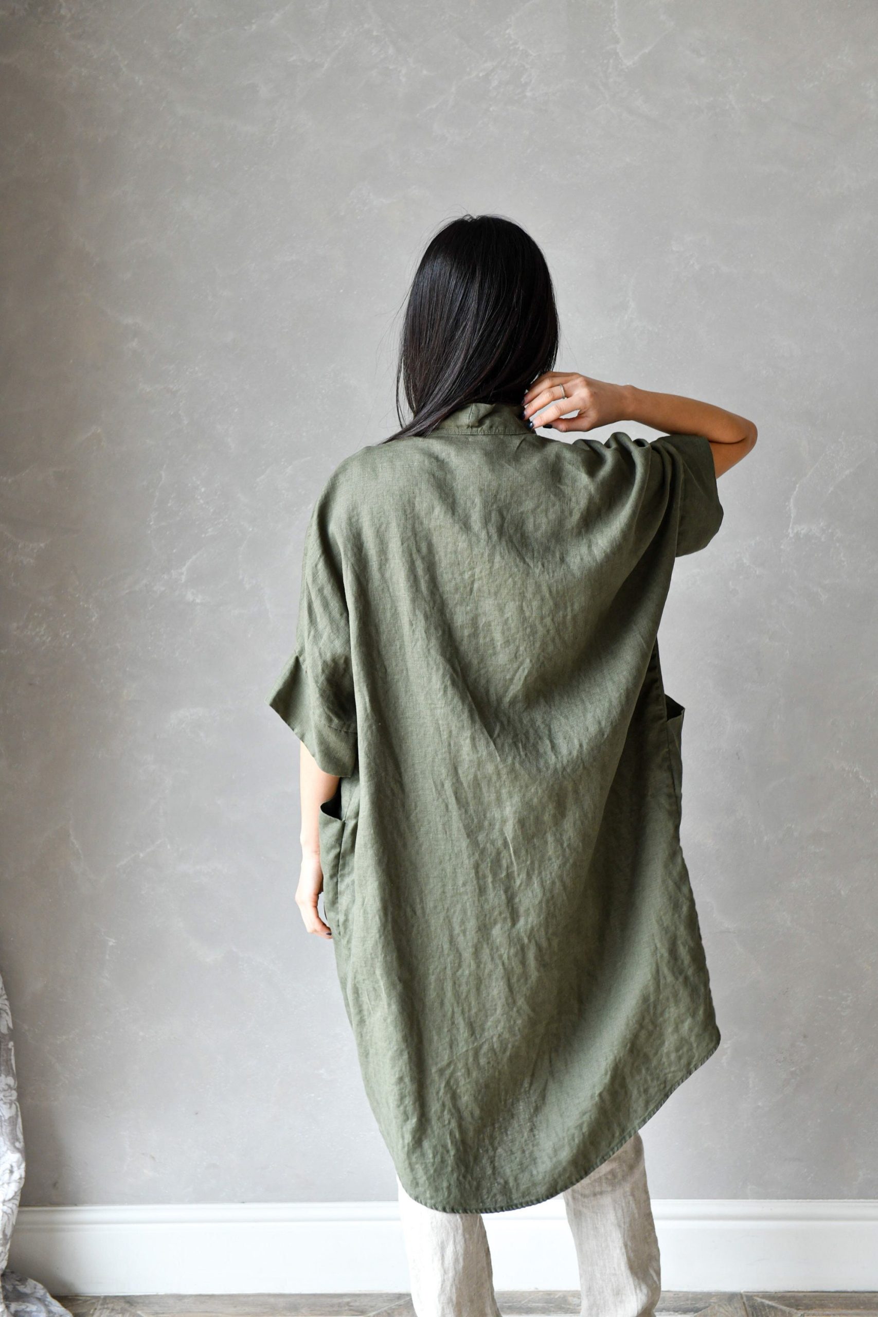 Plus Size Linen Jacket, Kimono Cape Coat, Oversized Open Cardigan Odette, Green Cloak