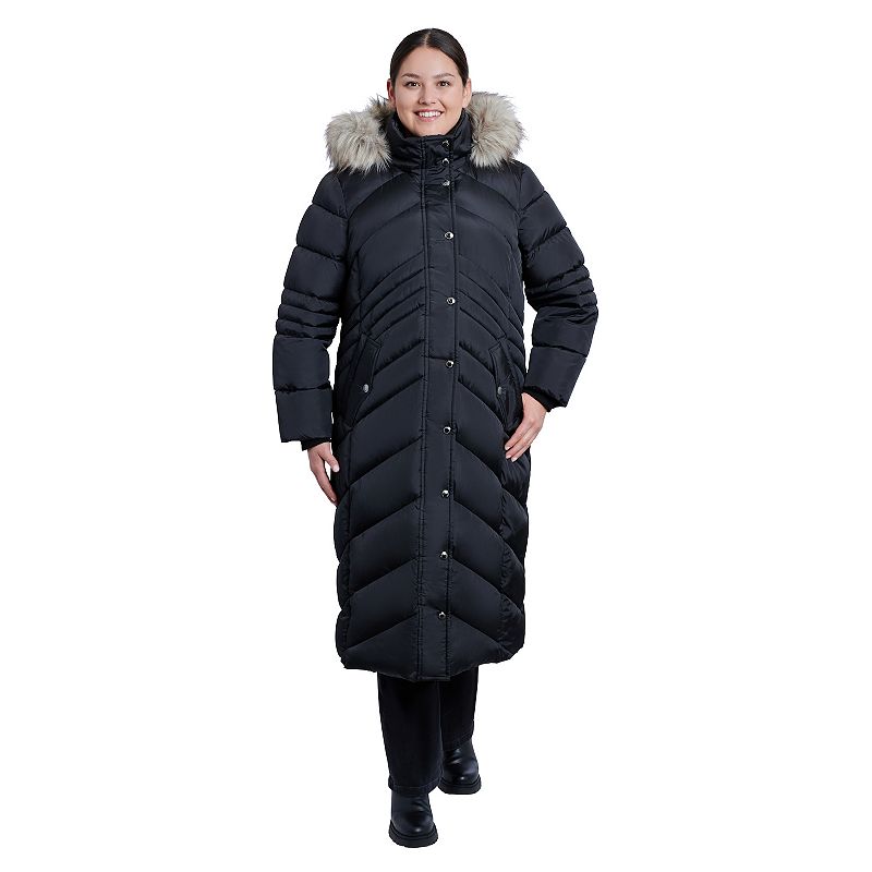 Plus Size London Fog Faux-Fur Hood Maxi Puffer Coat, Women's, Size: 2XL, Black