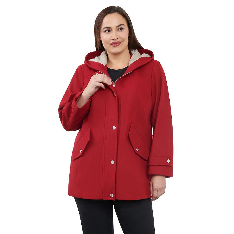 Plus Size London Fog Sherpa-Lined Hood Wool-Blend Coat, Women's, Size: 3XL, Red