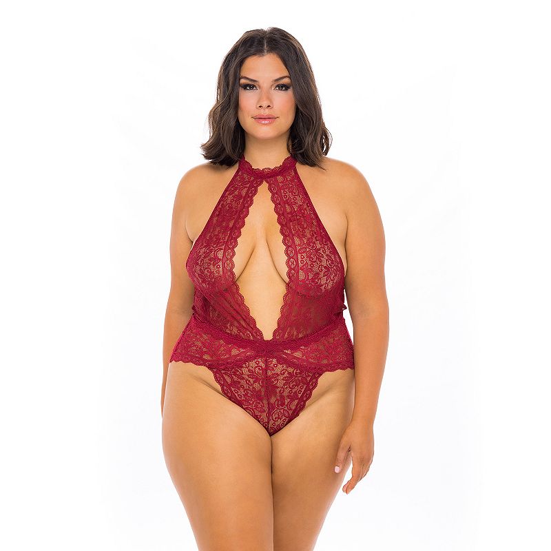 Plus Size Oh La La Cheri High-Neck Open-Back Lace Bodysuit 52-10716X, Women's, Size: 1XL-2XL, Rhubarb