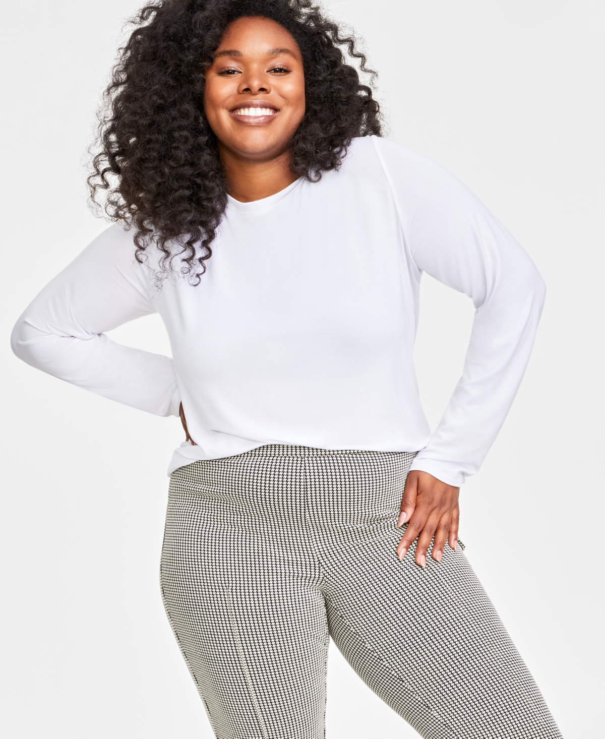 Plus Size Solid Long-Sleeve Crewneck Knit Top, Created for Macy's - Bright White