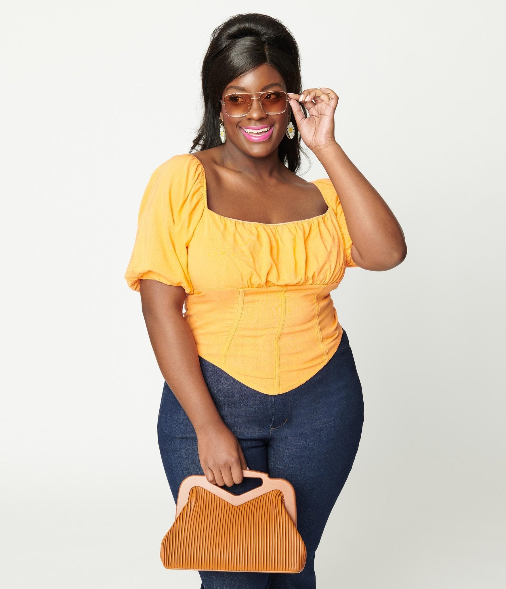 Plus Size Tangerine Faux Corset Puff Sleeve Crop Top