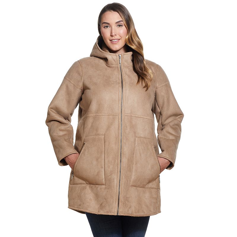 Plus Size Weathercast Hooded Midweight Faux-Shearling Coat, Women's, Size: 1XL, Beige Khaki