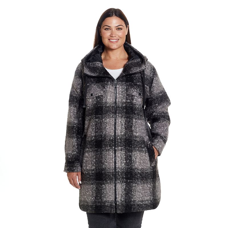 Plus Size Weathercast Zip Front Hooded Bouclé Shacket, Women's, Size: 1XL, Black Plaid