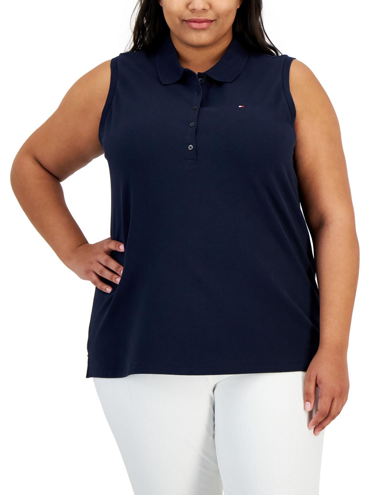 Plus Womens Collared Ribbed Trim Polo Top