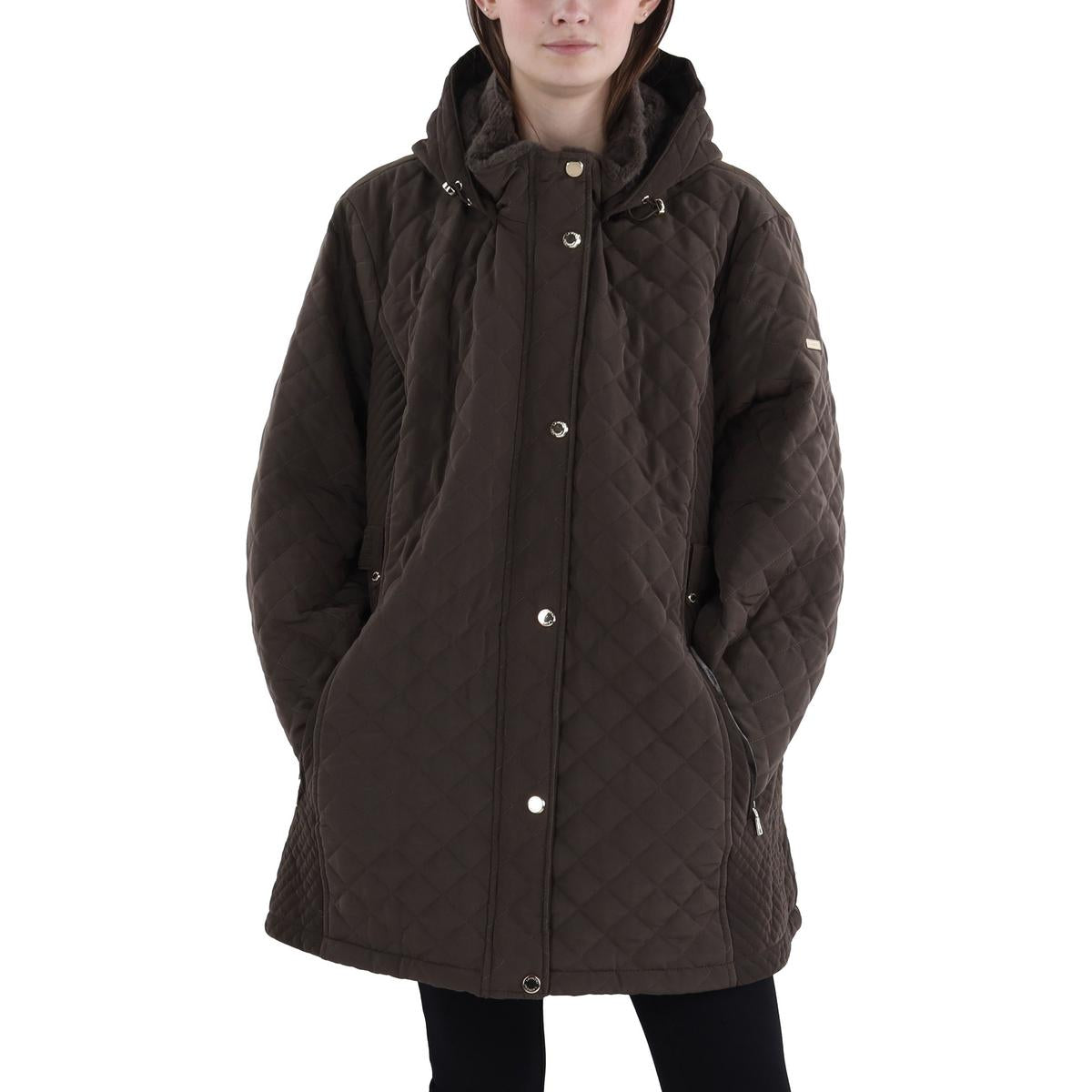 Plus Womens Faux Fur Hooded Quilted Coat