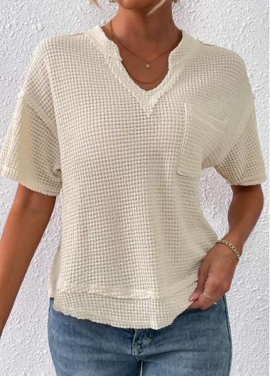 Pocket Beige Split Neck Short Sleeve T Shirt