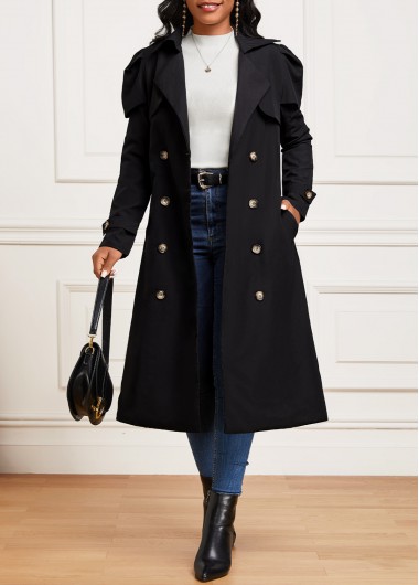 Pocket Black Lapel Long Sleeve Trench Coat