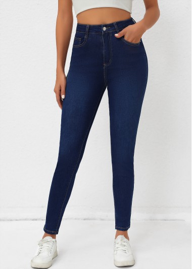 Pocket Denim Blue Skinny Zipper Fly High Waisted Jeans