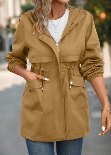 Pocket Light Camel Hooded Long Sleeve Coat