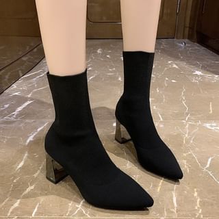 Pointed Toe Block Heel Short Sock Boots