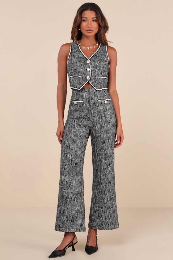 Poised Decision Black Tweed Lurex High-Rise Wide-Leg Pants