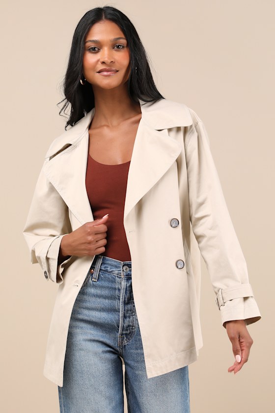 Poised Forecast Beige Twill Cropped Trench Jacket