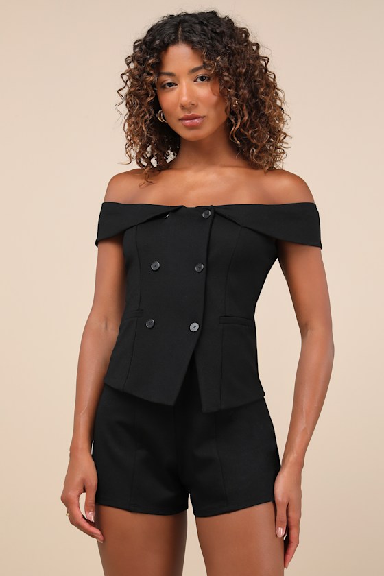 Poised Mindset Black Off-the-Shoulder Button-Front Vest Top