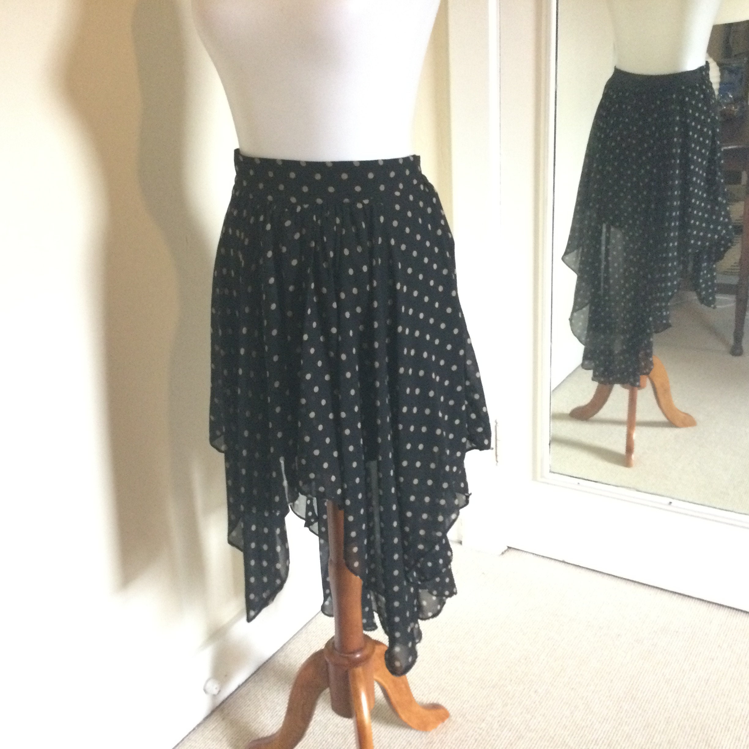 Polka Dot Chiffon Asymmetric Skirt/Black W Beige Dots High Low Hem Better B Label Size M