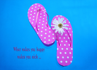 Polka dot flip-flops with white daisy floating in a pool Greeting Card