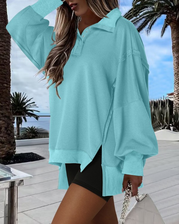 Polo Collar Long Sleeve Sweatshirt Loose Fit Side Slit Dip Hem Casual Top