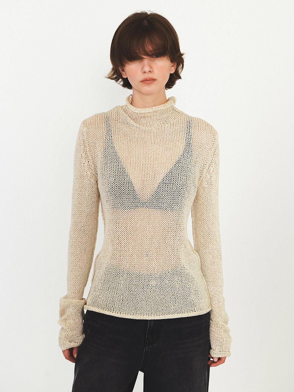 Polo Neck Netting Knit Top_Beige