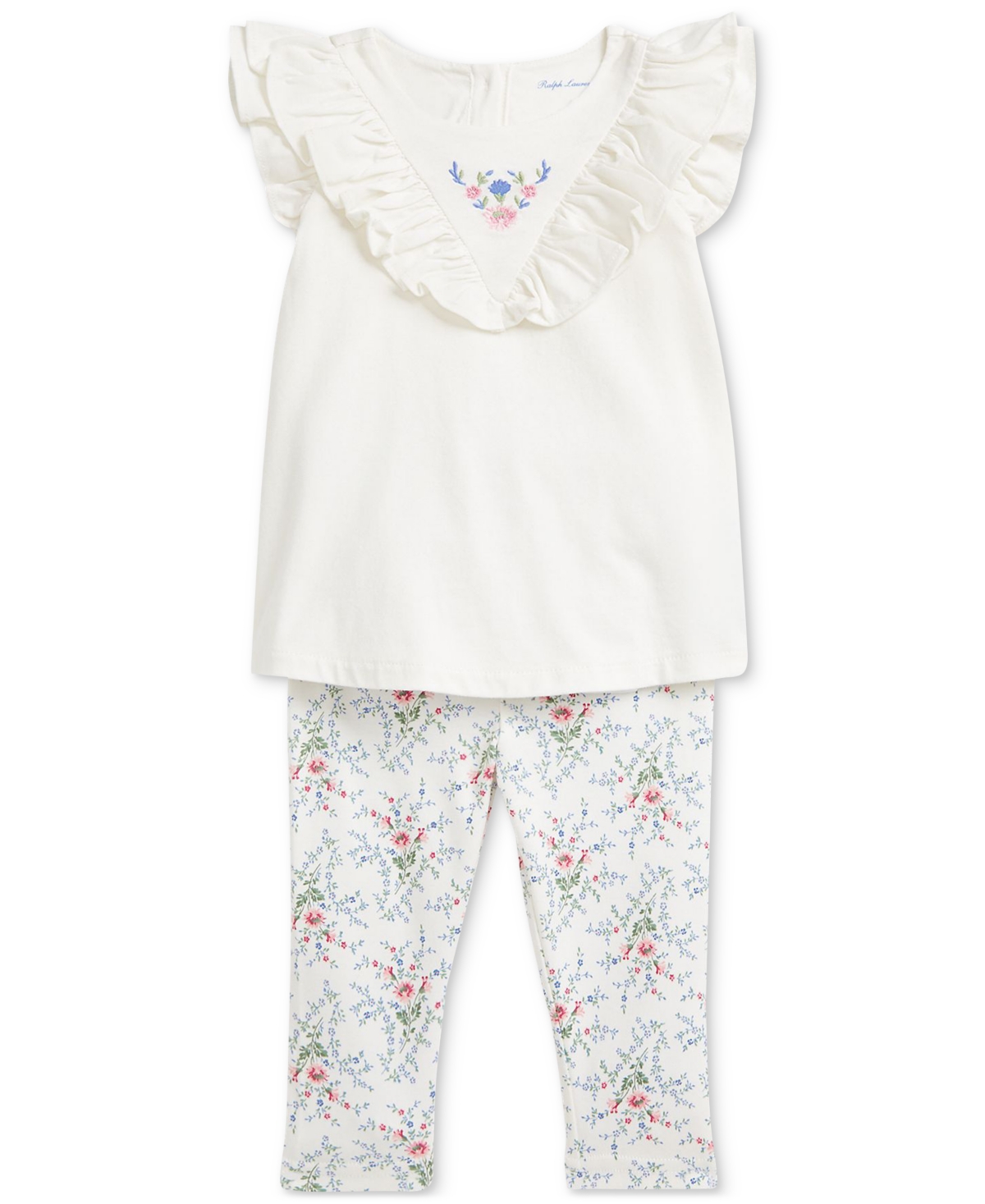 Polo Ralph Lauren Baby Cotton Ruffled Top & Floral Leggings Set - White