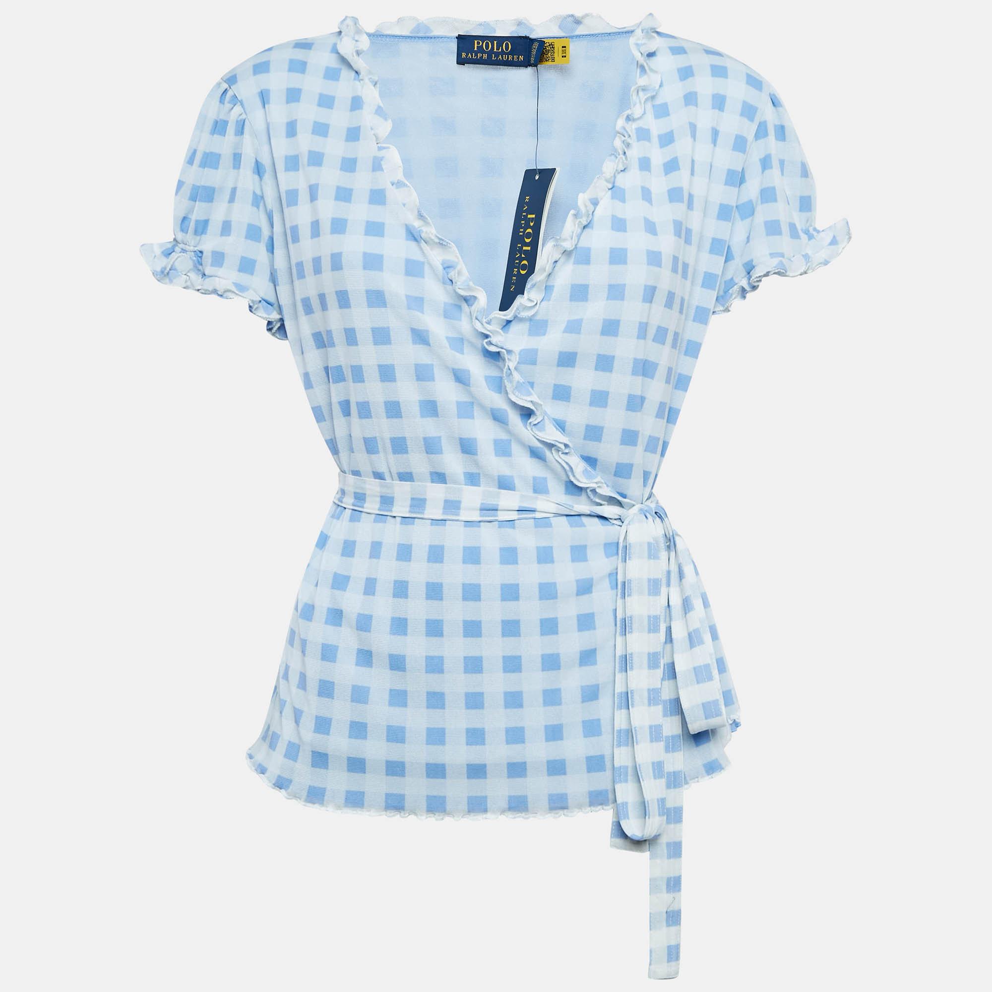 Polo Ralph Lauren Blue Checks Print Jersey Wrap-Around Ruffled Top L