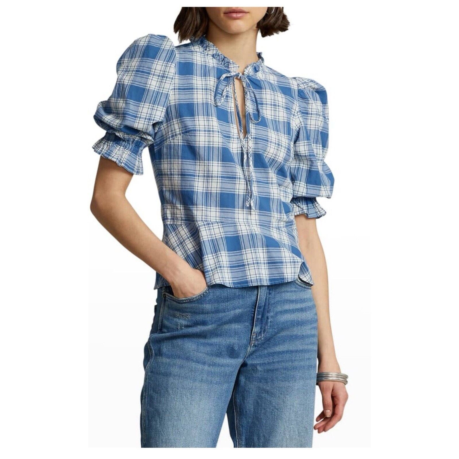 Polo Ralph Laurent Cassie Plaid Ruffle Peplum Blouse Top Blue, Women's (Size Medium)