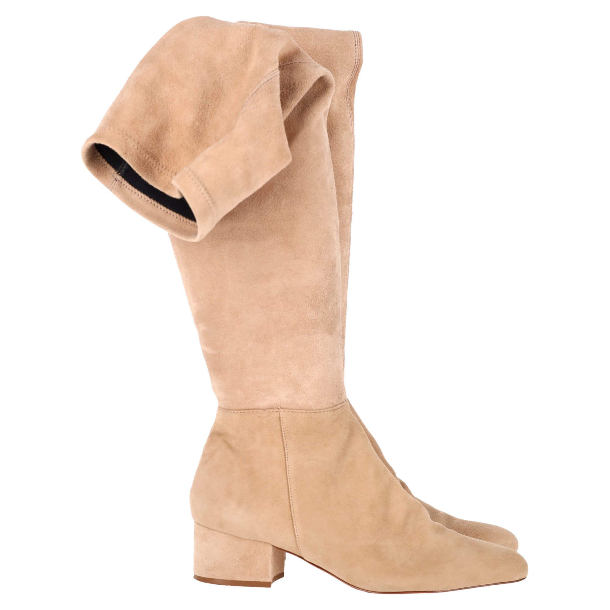 Porte & Paire Stretch Over-the-Knee Boots in Beige Suede