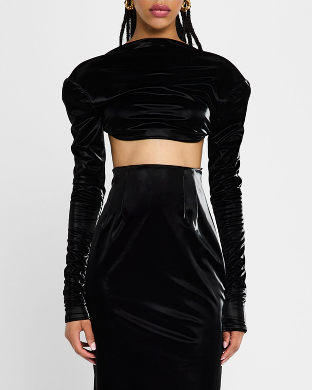 Portrait-Neck Long-Sleeve Backless Crop Top