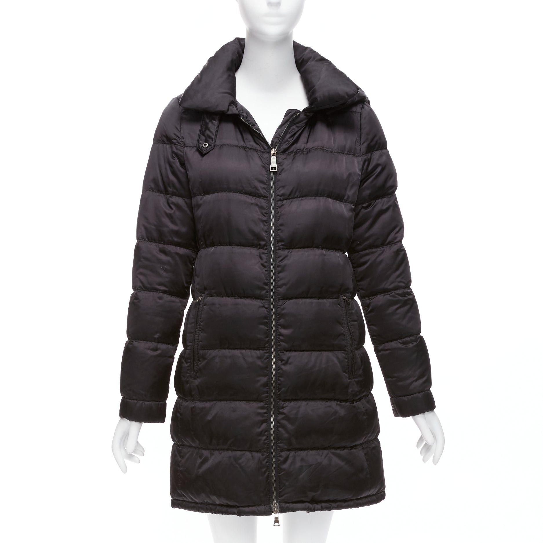 Prada 2010 Black Shiny Nylon Hooded Quilted Long Sleeve Puffer Coat It42 M, Women's (Size Medium)