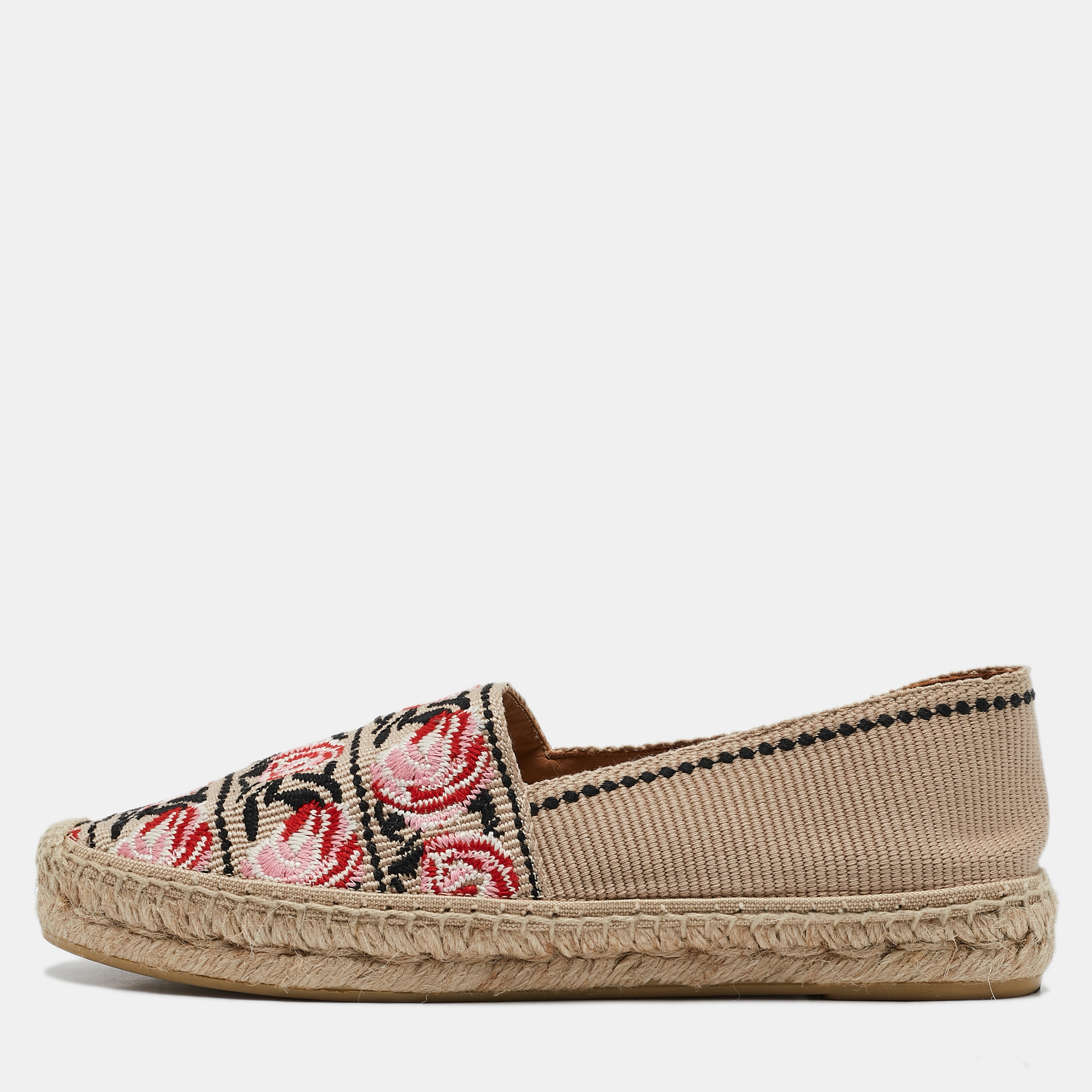 Prada Beige Flower Embroidered Canvas Flat Espadrilles Size 38