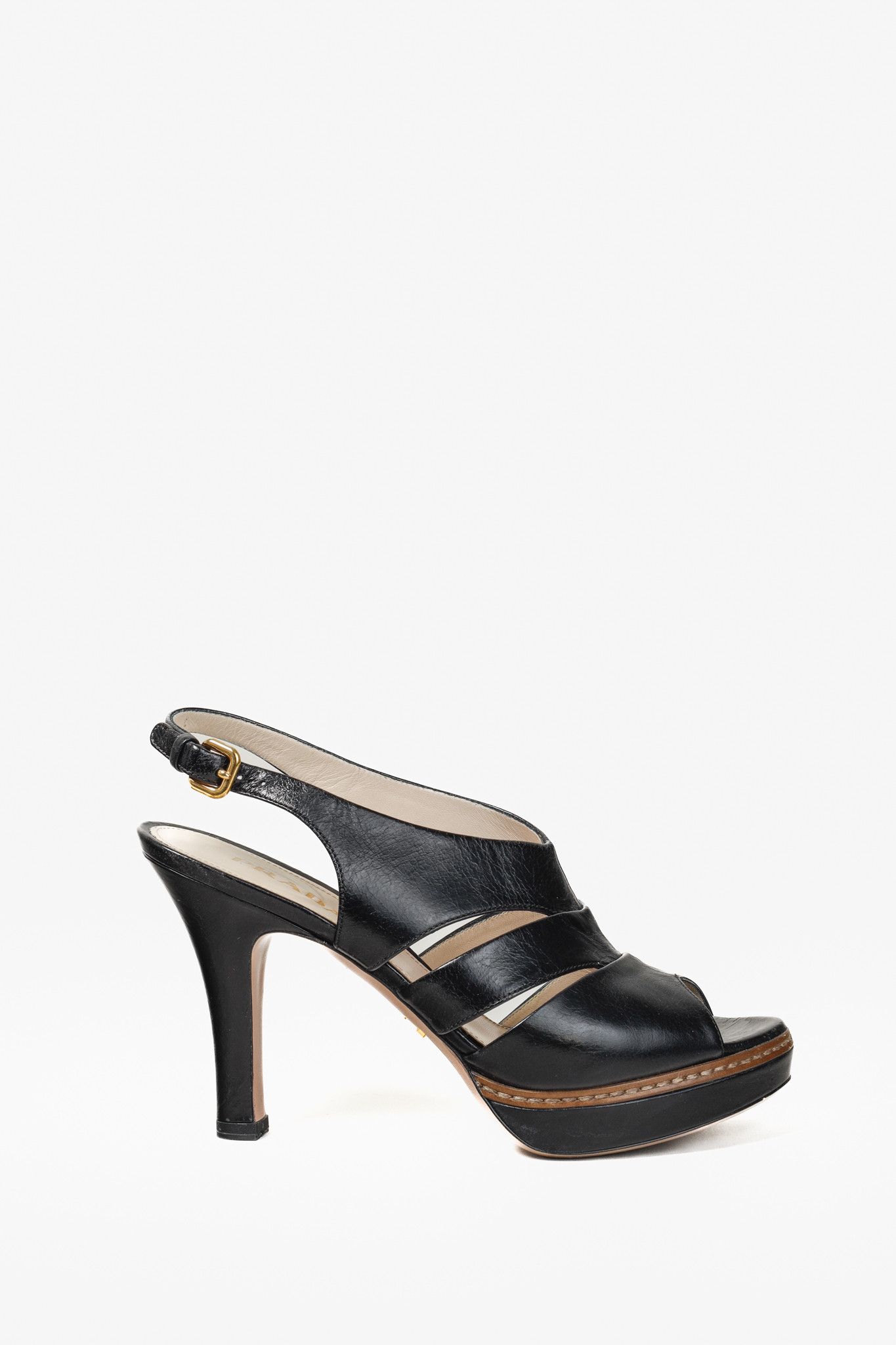 Prada Black Leather Peep-Toe Heel Shoes, Women's (Size 5.5)