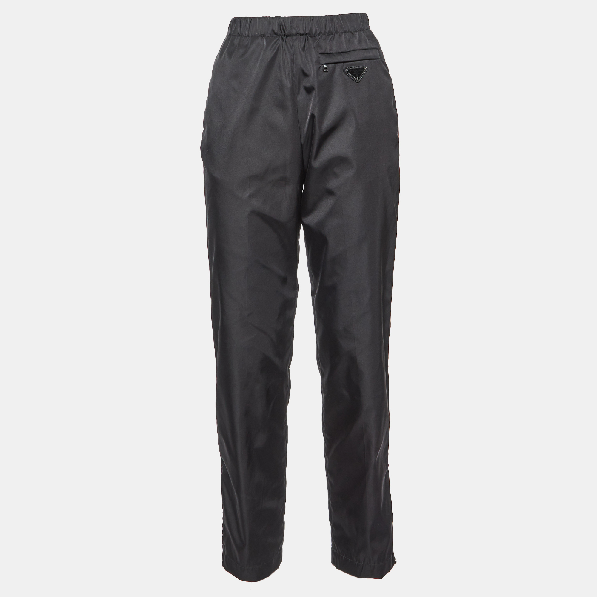 Prada Black Nylon Leather Badge Detail Trousers S