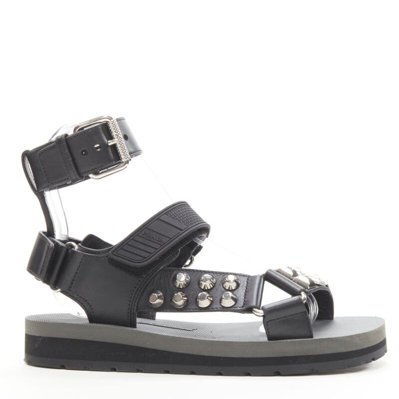 Prada Black Silver Punk Stud Embellished Sports Strap Gladiator Sandals Eu36, Women's