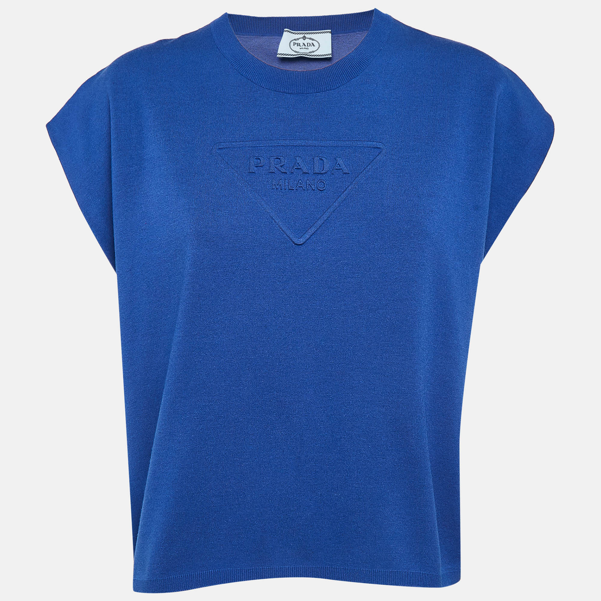 Prada Blue Logo Embossed Cotton Blend Knit Sleeveless Crop Top M