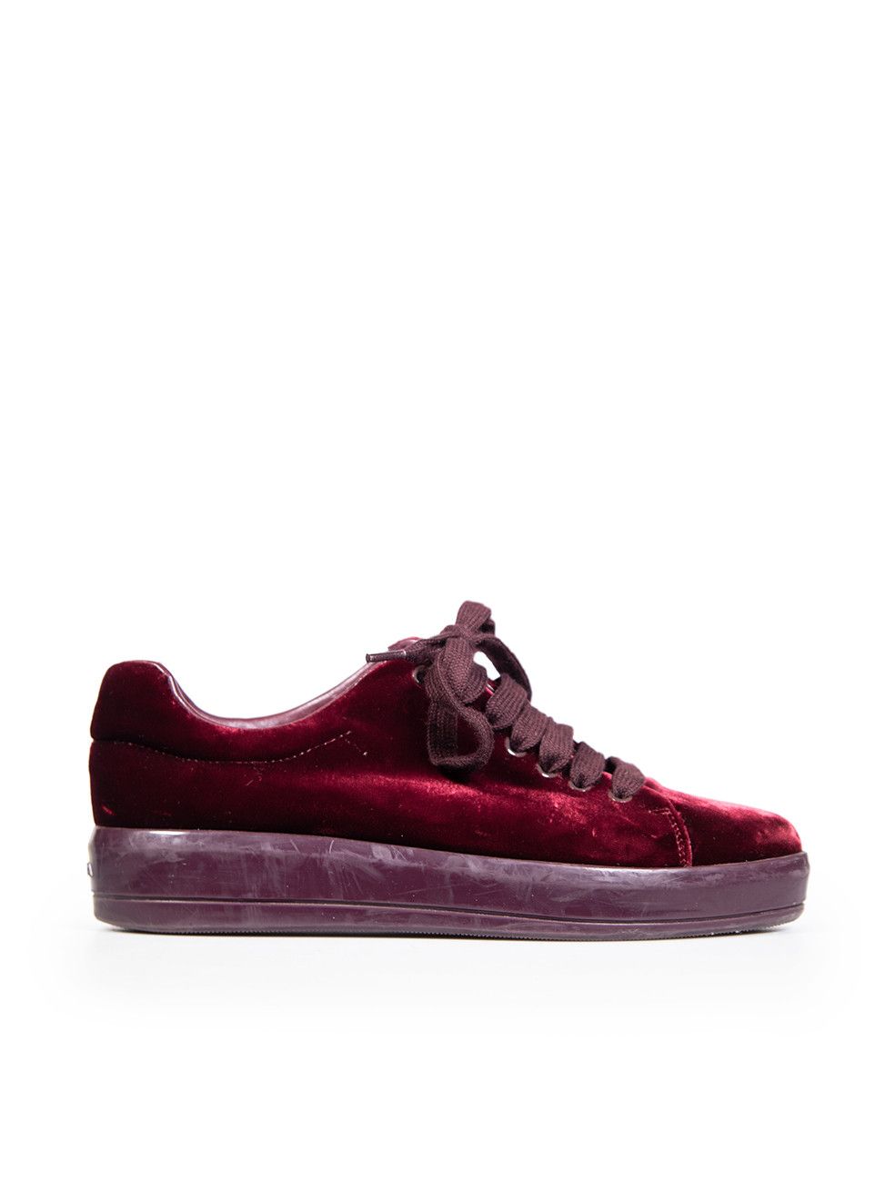 Prada Burgundy Velvet Platform Trainers Shoes, Women's (Size 8)