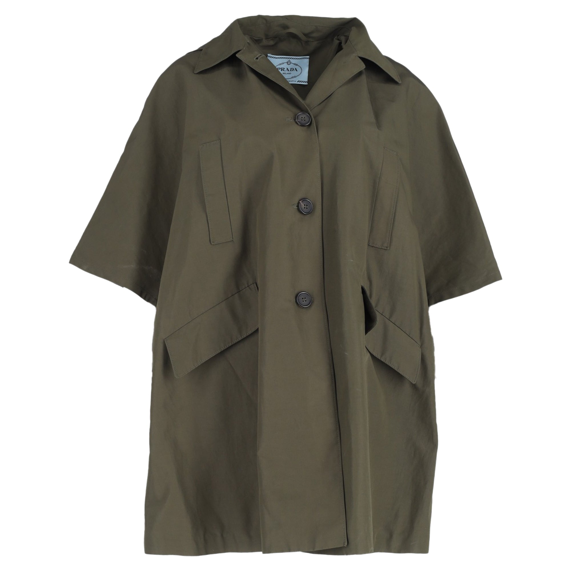 Prada Buttoned Hooded Short Sleeve Parka Jacket in Olive Cotton