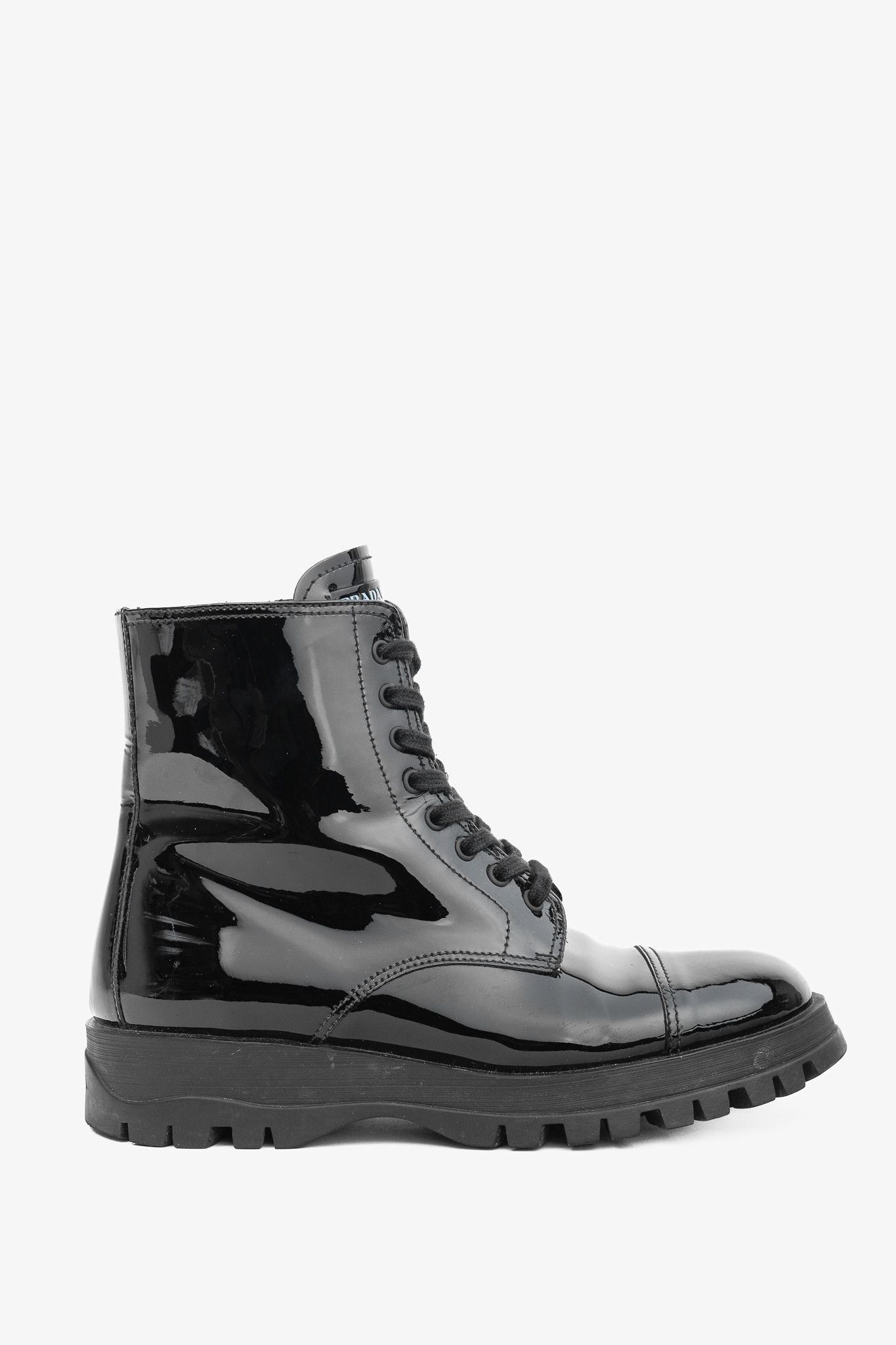 Prada Calzature Donna Patent Leather Lace-Up Combat Boots in Black, Women's (Size 8)