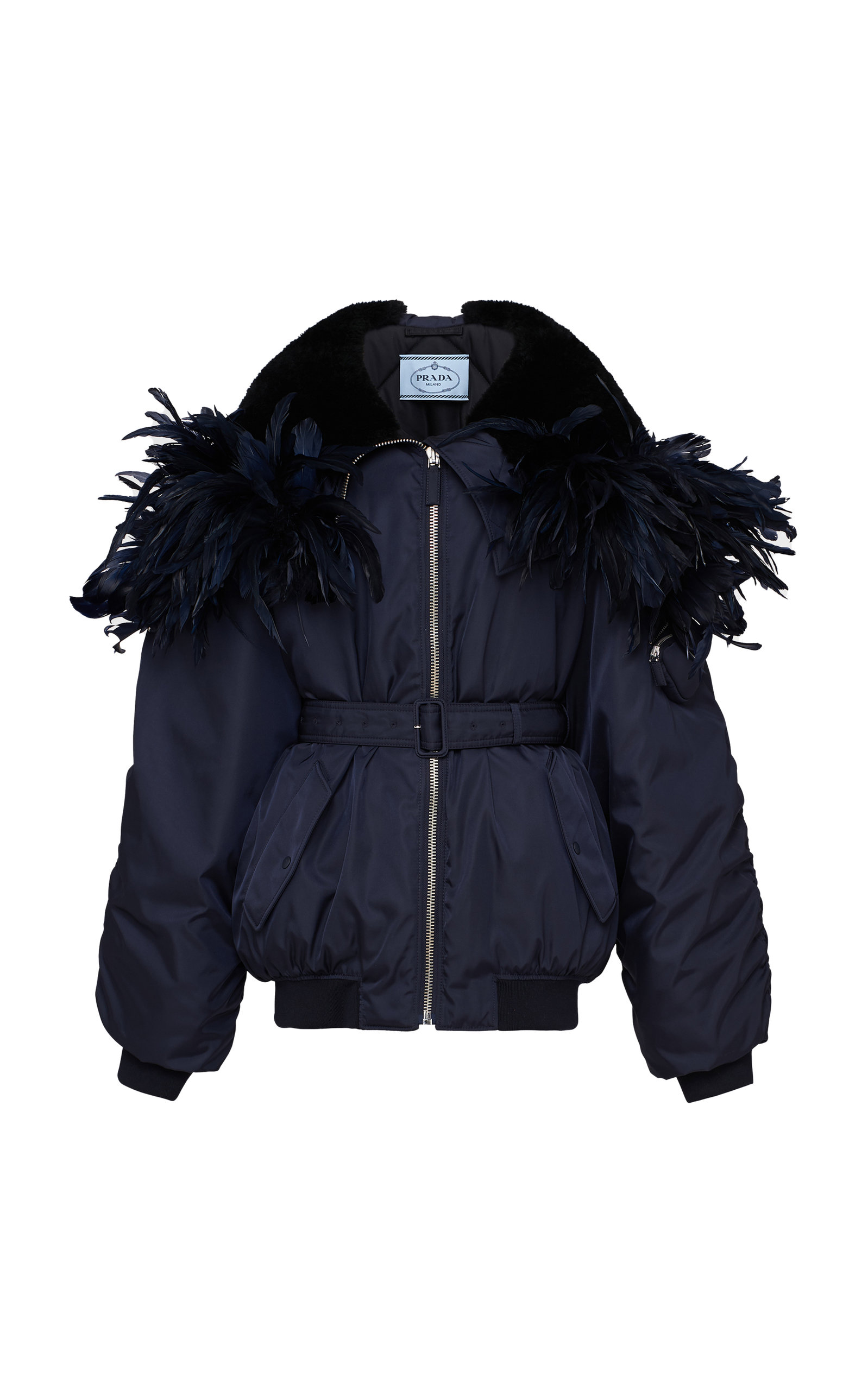 Prada - Feather-Trimmed Re-Nylon Bomber Jacket - Blue - XS - Moda Operandi