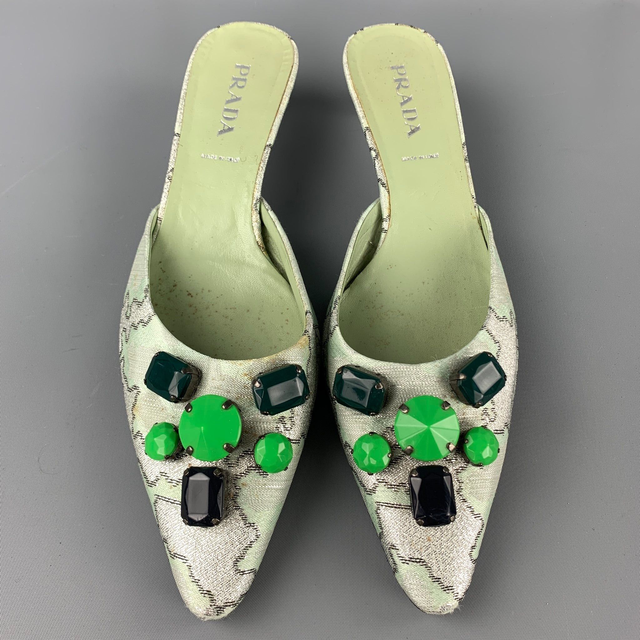 Prada Green Embellishments Silk Kitten Heel Shoes Pumps, Women's (Size 8)